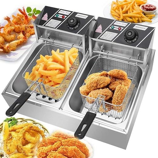 Kobbey Electric Deep Fryer Machine 12 Litre Stainless Steel 2500W, Dual Tank & Basket, Temperature Control, 6L + 6L with Copper Heater