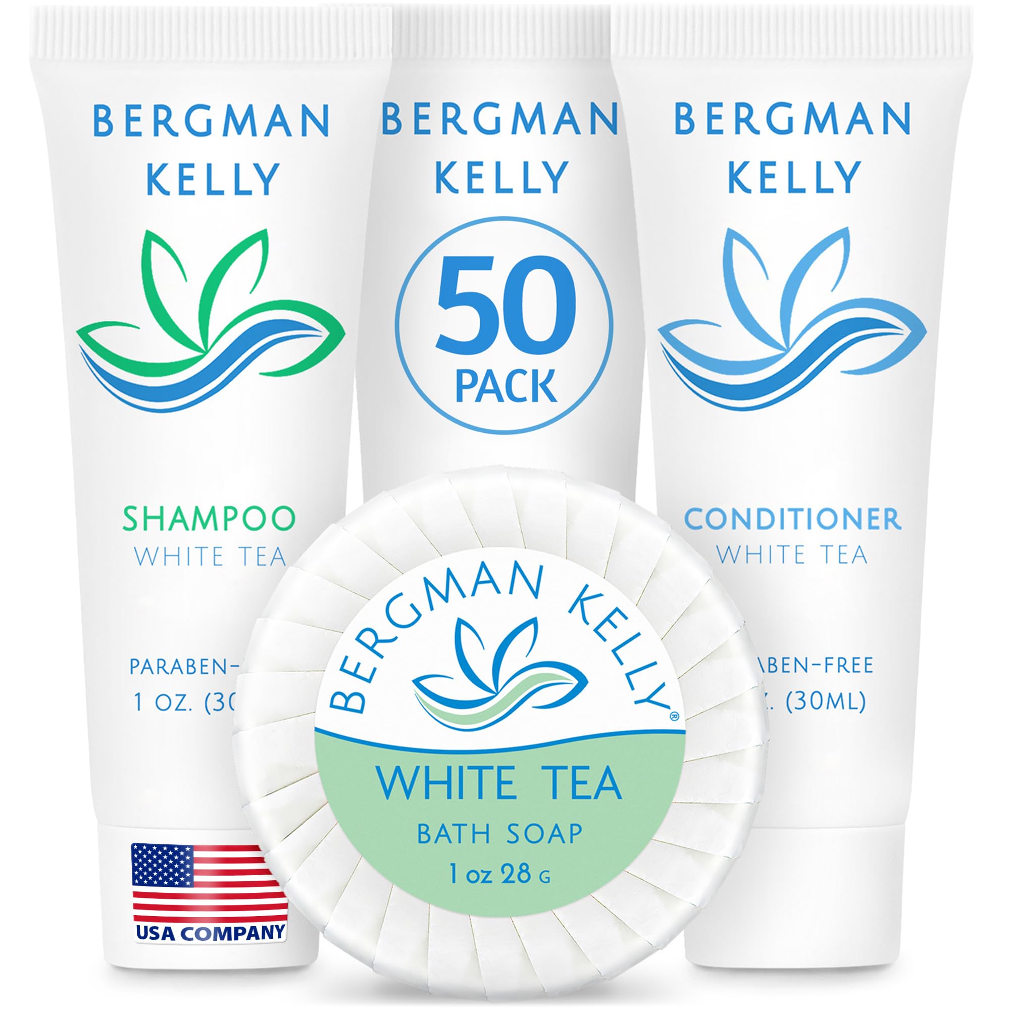 BERGMAN KELLY Round Hotel Soap Bars, Shampoo & Conditioner 3-Piece Set (1 oz each, 150 pc, White Tea), Delight Your Guests with Revitalizing &