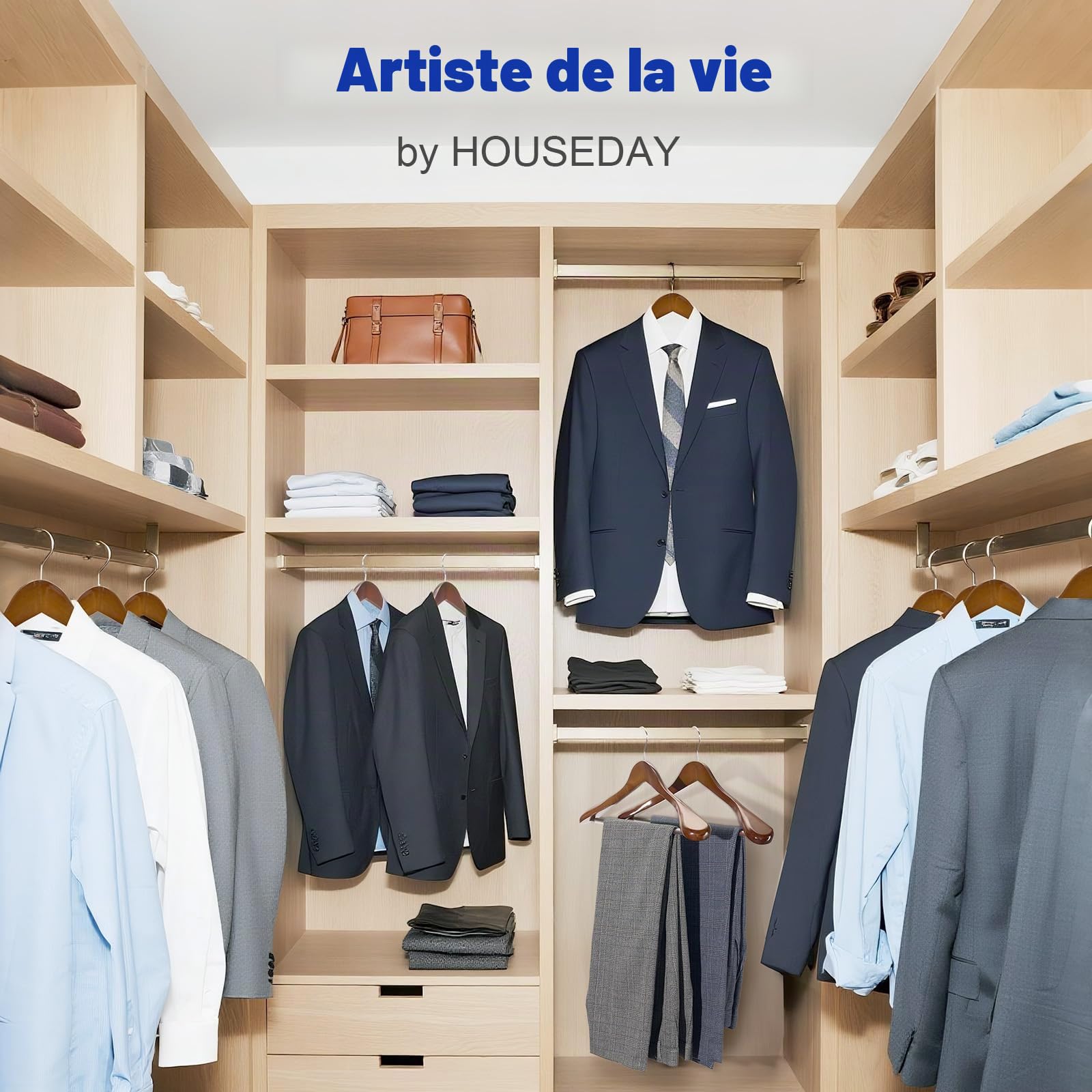 HOUSE DAY Cintres Bois 6 Pièces, Vintage, Cintre à Épaule Large pour Hanger Vêtements Adultes, Cintre Manteau avec Crochet Rotatif 360° et Support Anti-Dérapant pour Vestes, Chemises, Pantalons