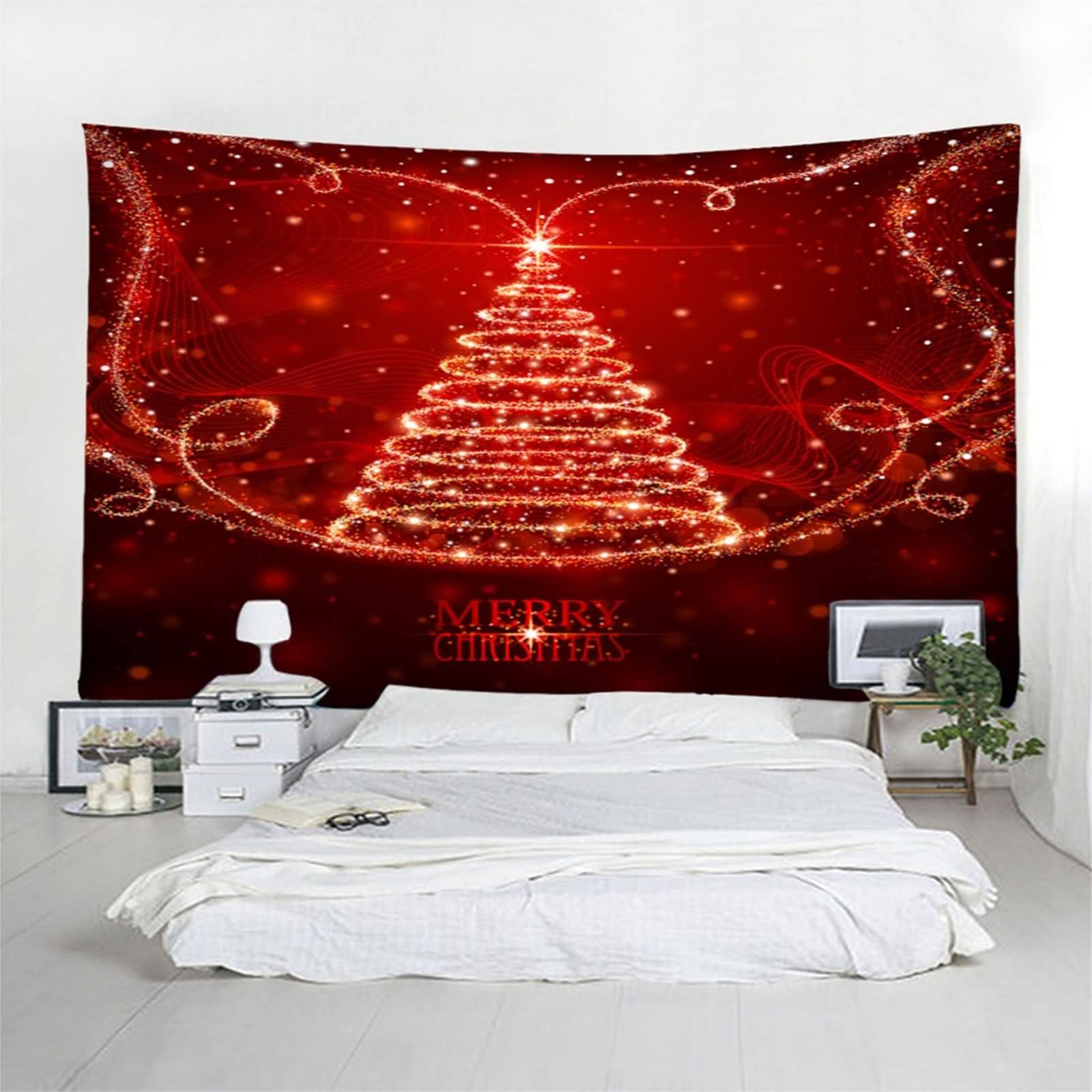 Tapices Vintage, Tapiz Navideño Pared Árbol de Navidad con Luz de Estrellas Rojo Poliéster 350X256cm