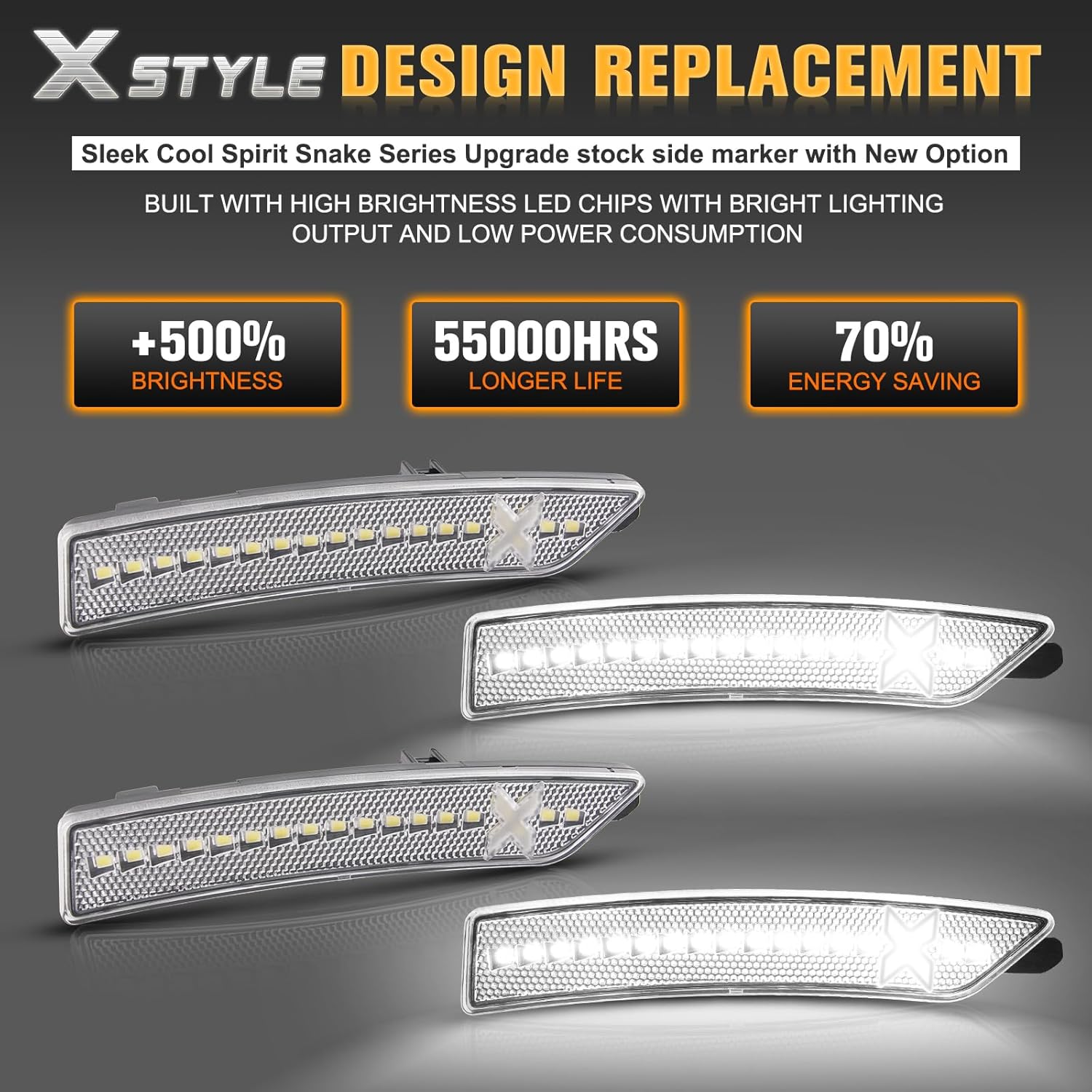 Gempro LED Bumper Fender Side Marker Light Xstyle All White Compatible with Ford Mustang 2024 2025 Clear Lens Front Rear White Lamps Spirit Snake Series Pack of 4 [PATENT PENDING]