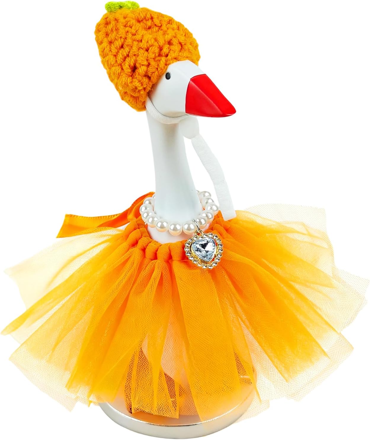 7 Inch Desk Goose Fall Outfit, Mini Desktop Goose Thanksgiving Orange Tutu Dress with Orange Knit Hat & Pearl-Diamond Necklace for Desktop Porch Goose Decor, Festive Desk Goose Outfits