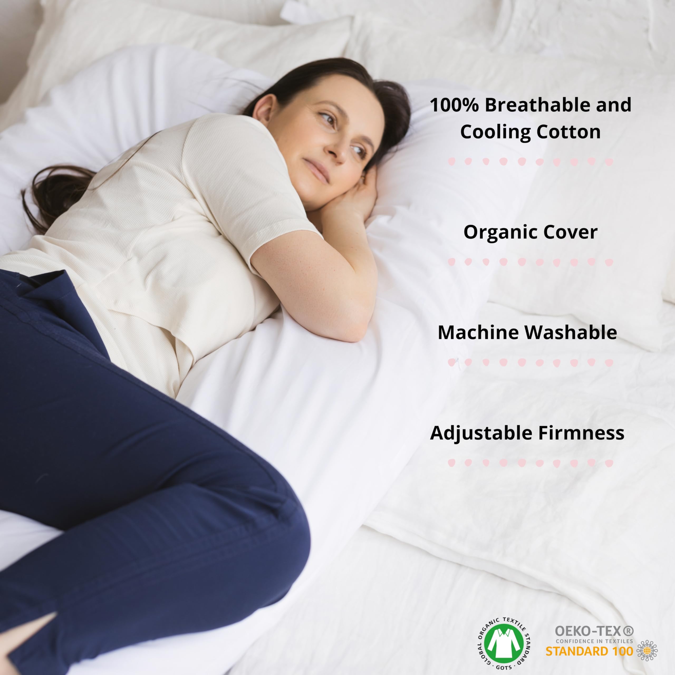 MINICAMP Schwangerschaftskissen U-Form | 50% Kapok & 50% Naturlatex | Bio-Baumwolle GOTS-Zertifiziert | Organic Pregnancy Pillow | Stillkissen Seitenschläferkissen | Abnehmbarer Bezug