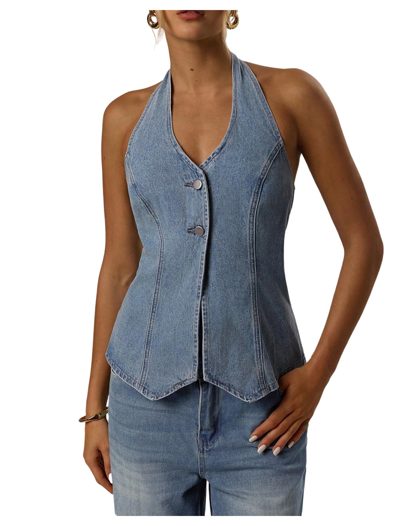 SweatyRocks Womens Denim Top Halter Neck Backless Jean Vest Tops Button Up Waistcoat
