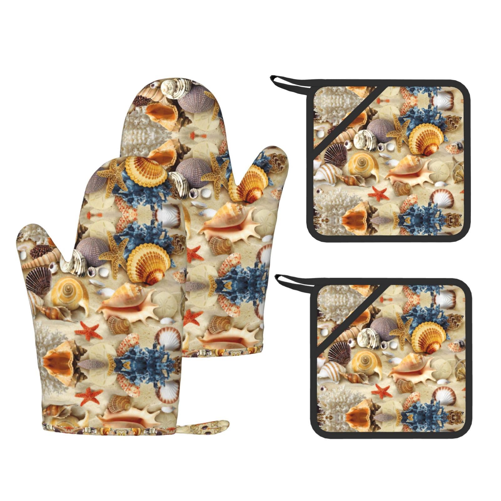 Starfish Seashell Sandy Beach Theme Fashion Printed Kitchen Kit with Heat Resistant Oven Mitts & Non-Slip Hot Pads for Baking