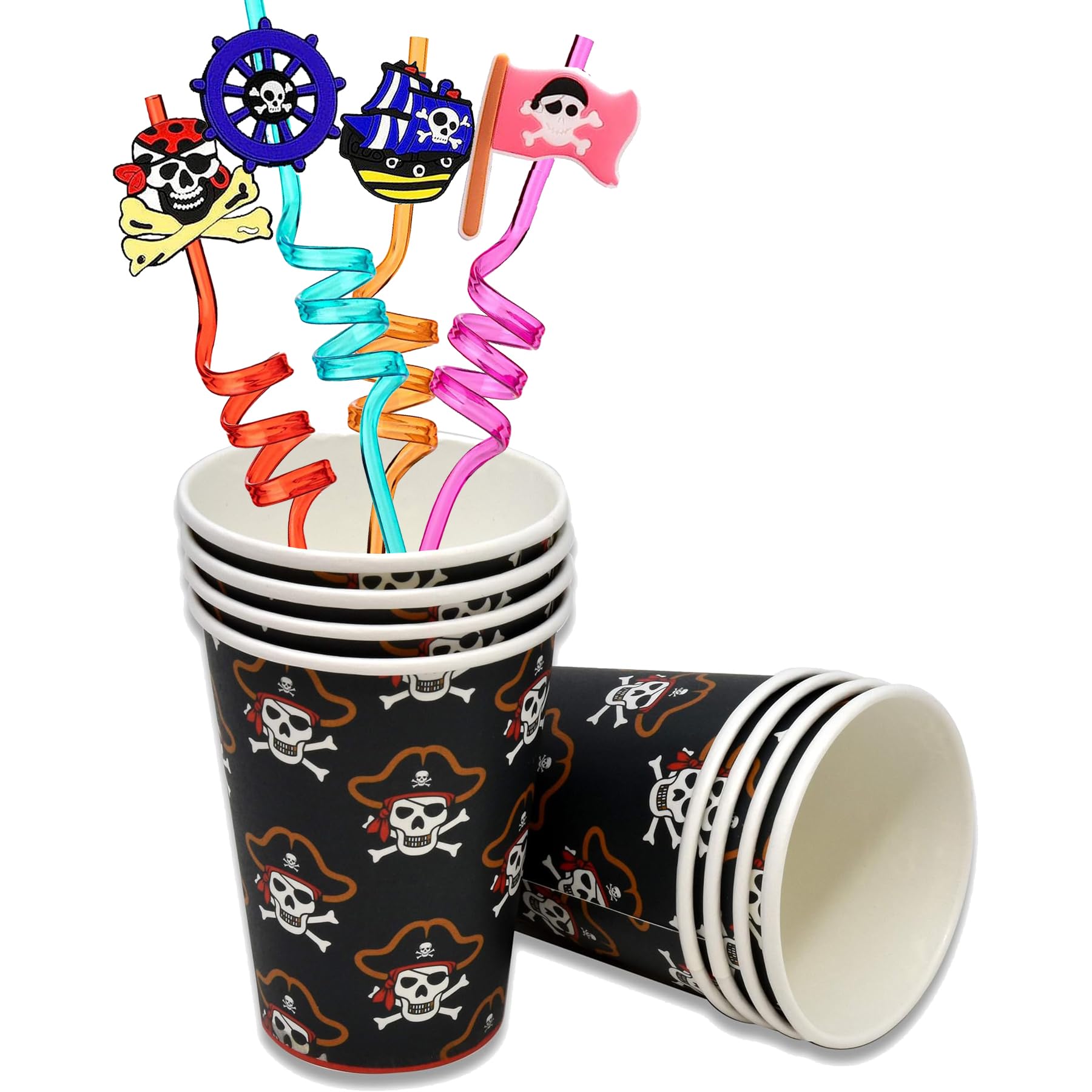 16 pezzi di decorazioni per feste di compleanno per bambini a tema pirati. Cannucce riutilizzabili con anello, perfette come regali per feste di compleanno per bambini.