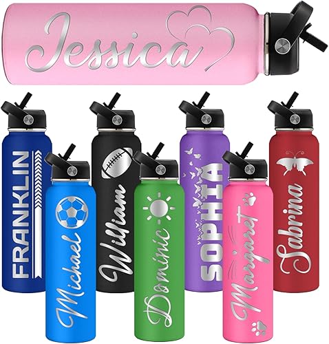 Botellas de agua personalizadas de acero inoxidable con tapa de popote de 12, 18, 24, 32, 40 onzas, botella de agua deportiva aislada de 24 onzas,