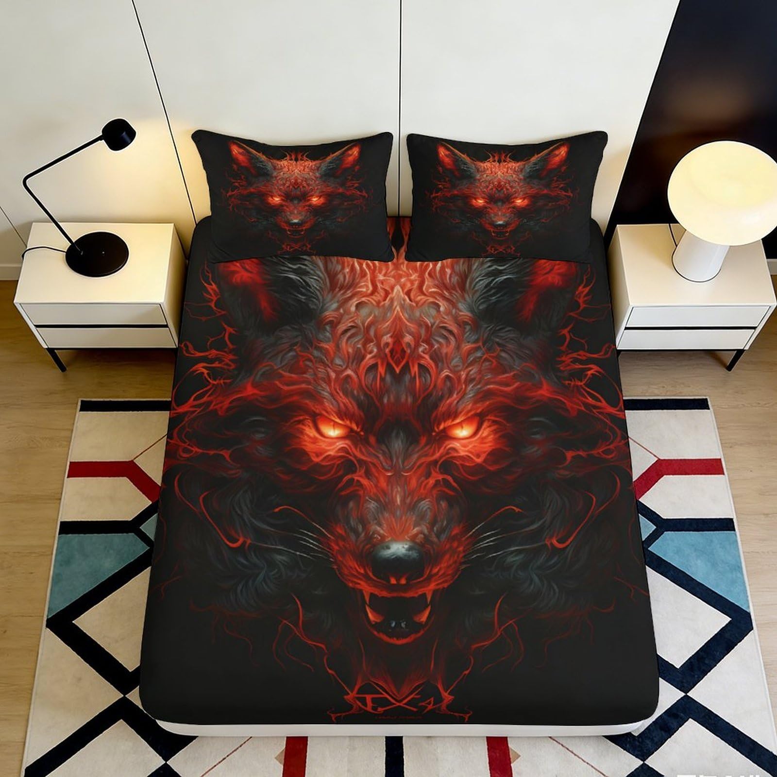 Decor Wolf Pattern Fitted Sheet 3D Printed, Microfiber Soft Touch, Bed Sheet Red Animal, Guest Room Bedding, Easy Care 90x200x25cm