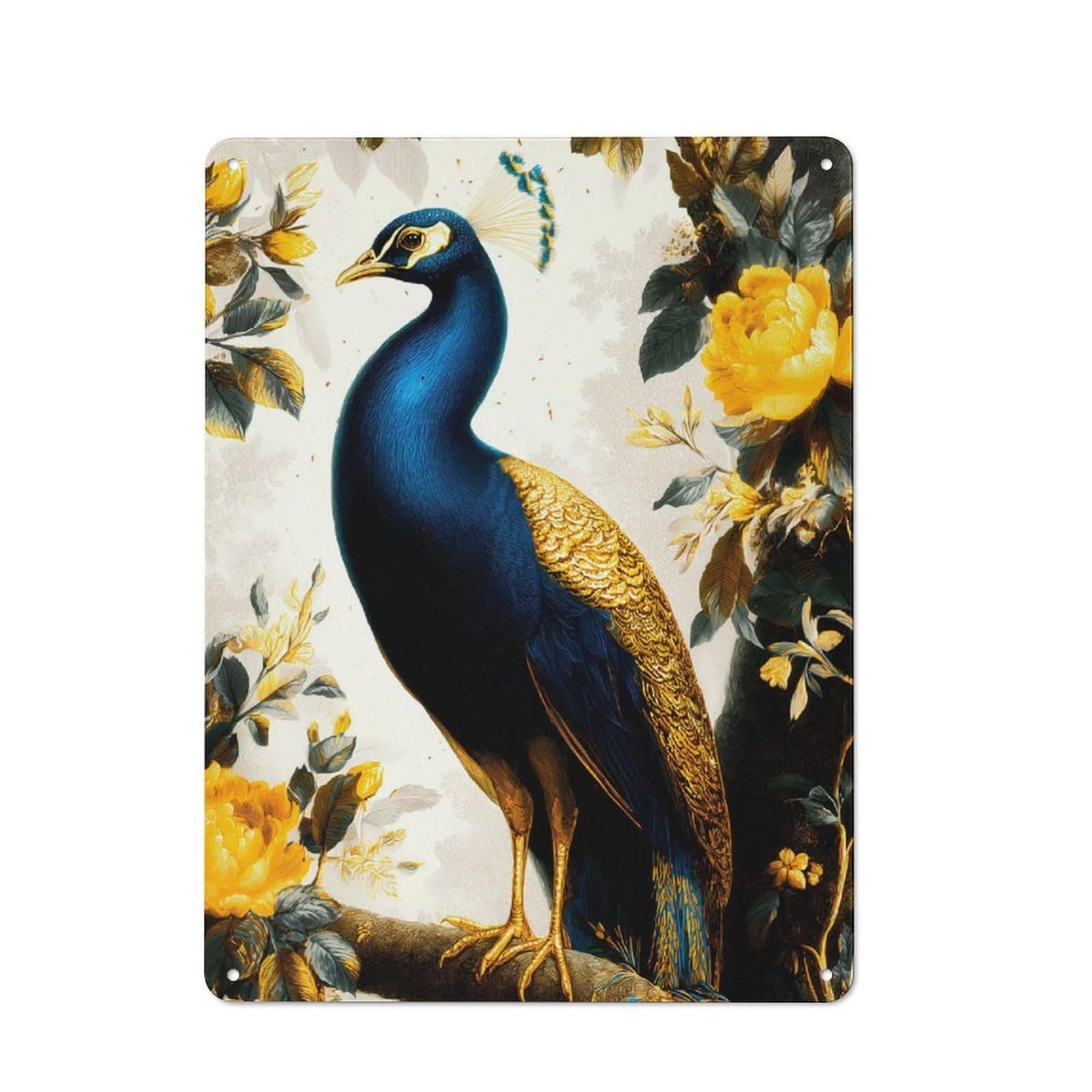 Junmoney Peacock And Yellow Flowers Illustration Loft Style Metal Wall Art Sign 40X30cm Featuring Urban Room Decor For Loft, Studio, Office Or Creative Room