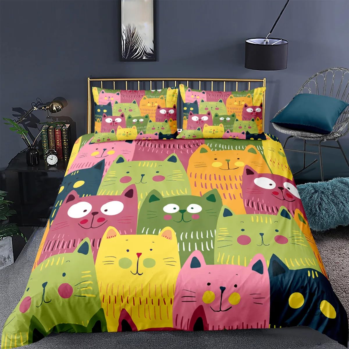 Housse de Couette Chat 160x200 cm Anti-Glissement avec Zip Enfant