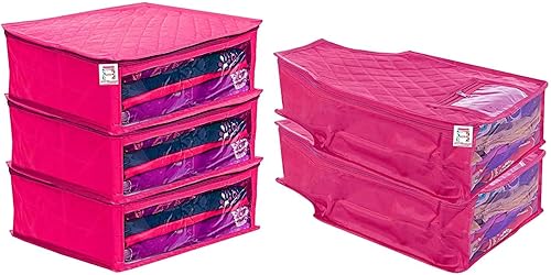 Juego de 5 fundas de tela de satén para sari y blusas, bolsa de almacenamiento de ropa, organizadores de armario con doble cierre de cremallera y