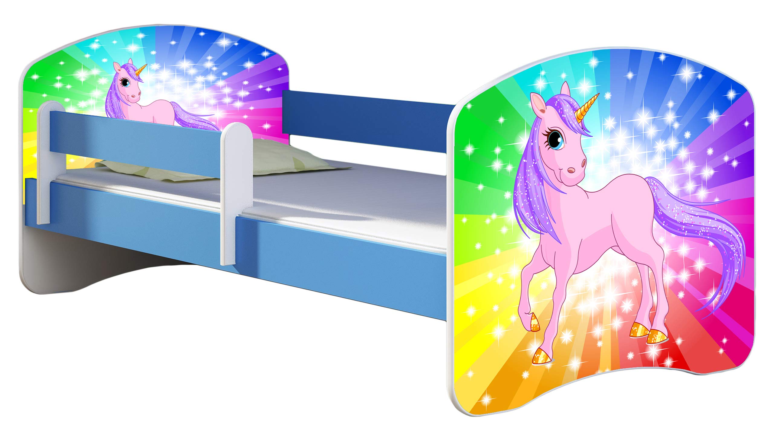 ACMA Kinderbett 160x80 cm Blau mit Matratze & Lattenrost – Jugendbett mit Rausfallschutz, personalisiertes Motiv 18 Pony Regenbogen, stabiles Kinderbett für Kinderzimmer, belastbar bis 120 kg