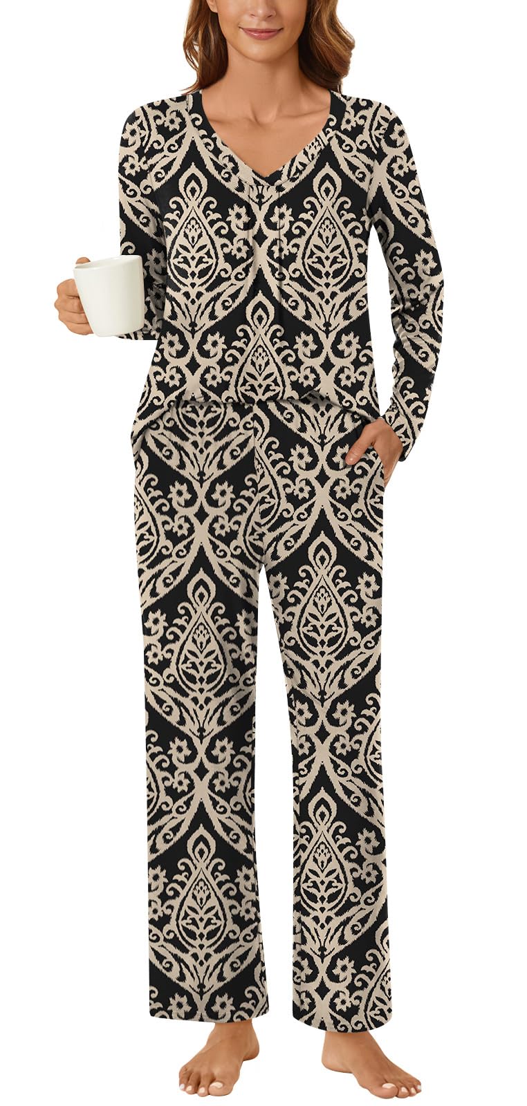 Women's Pajama Set, 2 Piece Lounge Outfits V Neck Sleepwear Fall Long Sleeve Long Pants With Pockets Ladies Pjs
