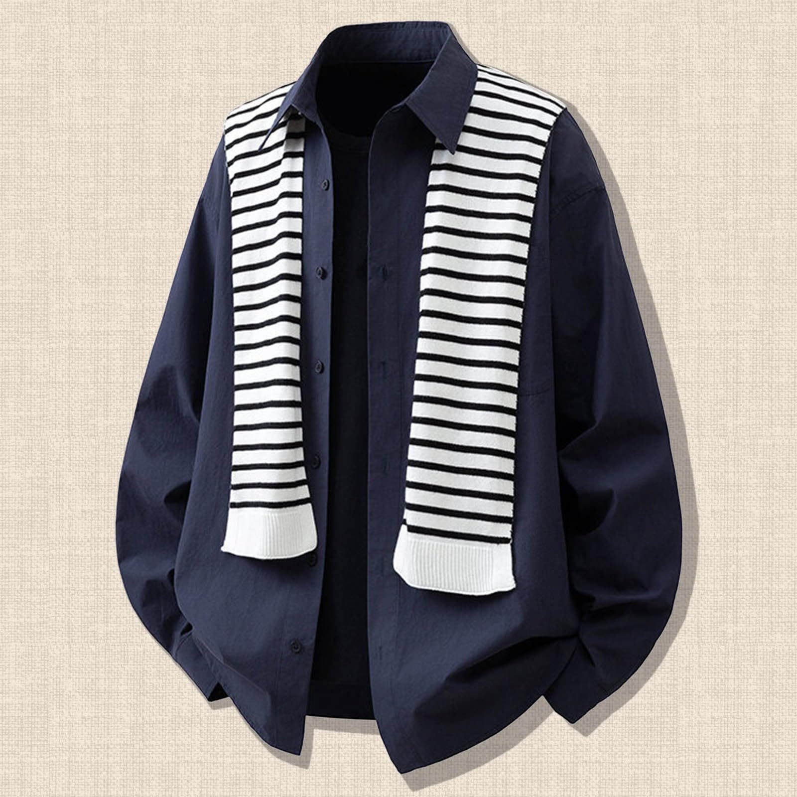 Camicia invernale da uomo, a maniche lunghe, con bottoni, per il tempo libero, con sciarpa a righe rimovibile, a righe, a maniche lunghe, da lavoro, in tinta unita