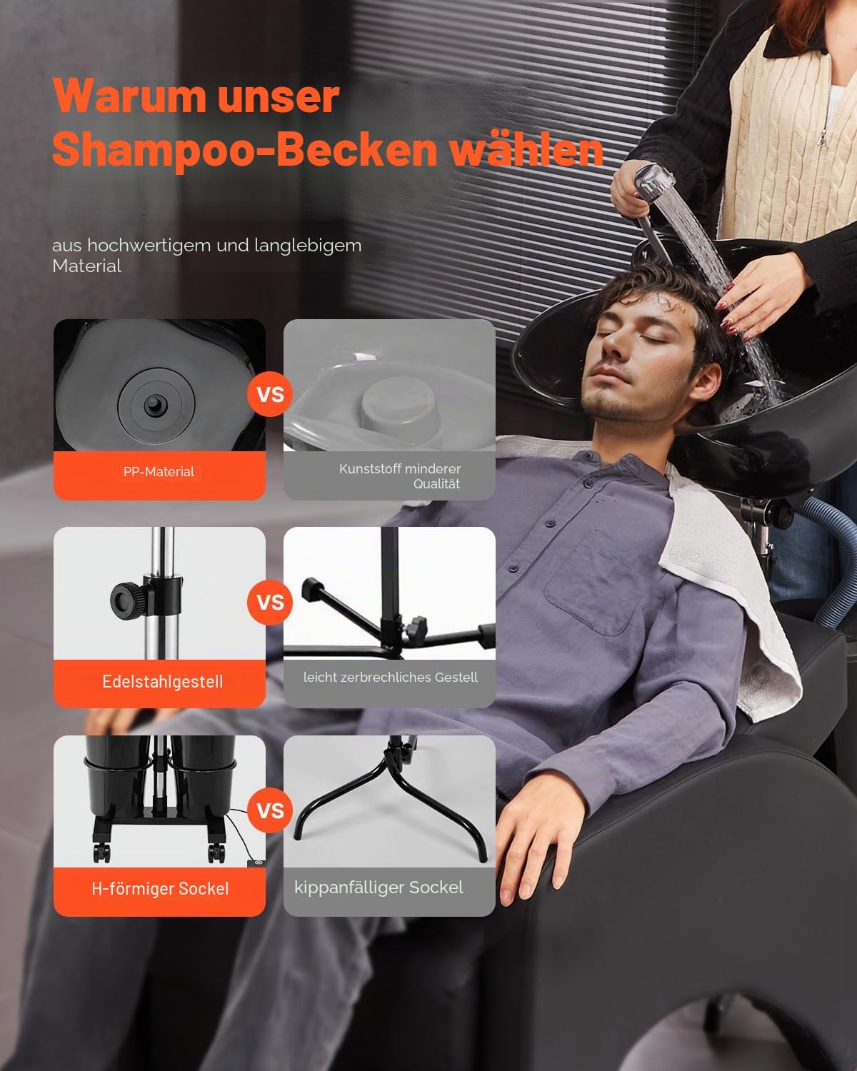 VEVOR Friseur Waschbecken, Haarwaschwanne mit elektrischer Pumpe, inkl. 2 Eimern, 2 Duschköpfen, Ablaufschlauch, höhen- und winkelverstellbarer Rückwärtswaschbecken für Friseursalon, schwarz