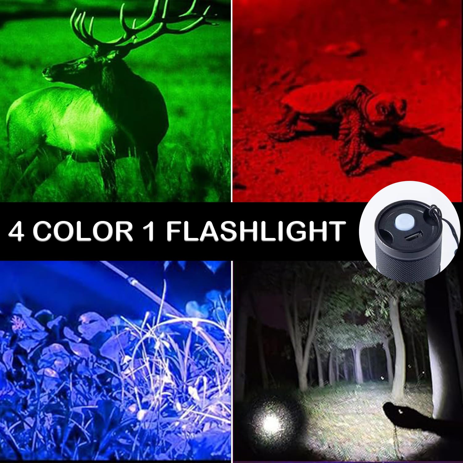 Torcia LED 4 In 1 Ricaricabile | Luci Bianca, Rossa, Blu E Verde | Zoom Regolabile E Impermeabile IPX5