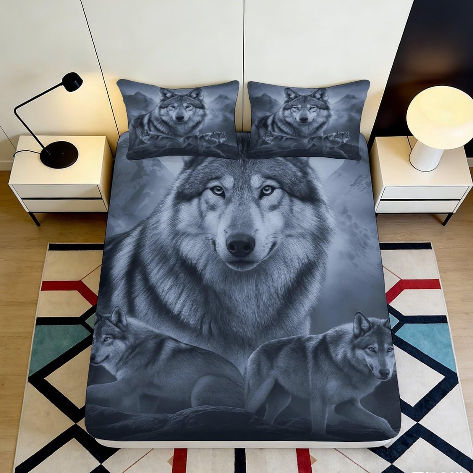 3D Printed Wolf Pattern Fitted Sheet Microfiber Elastic Hem Anti-Slip Deep Pocket Bedroom Wolf Mattress Fitted Cover 90x200x25cm