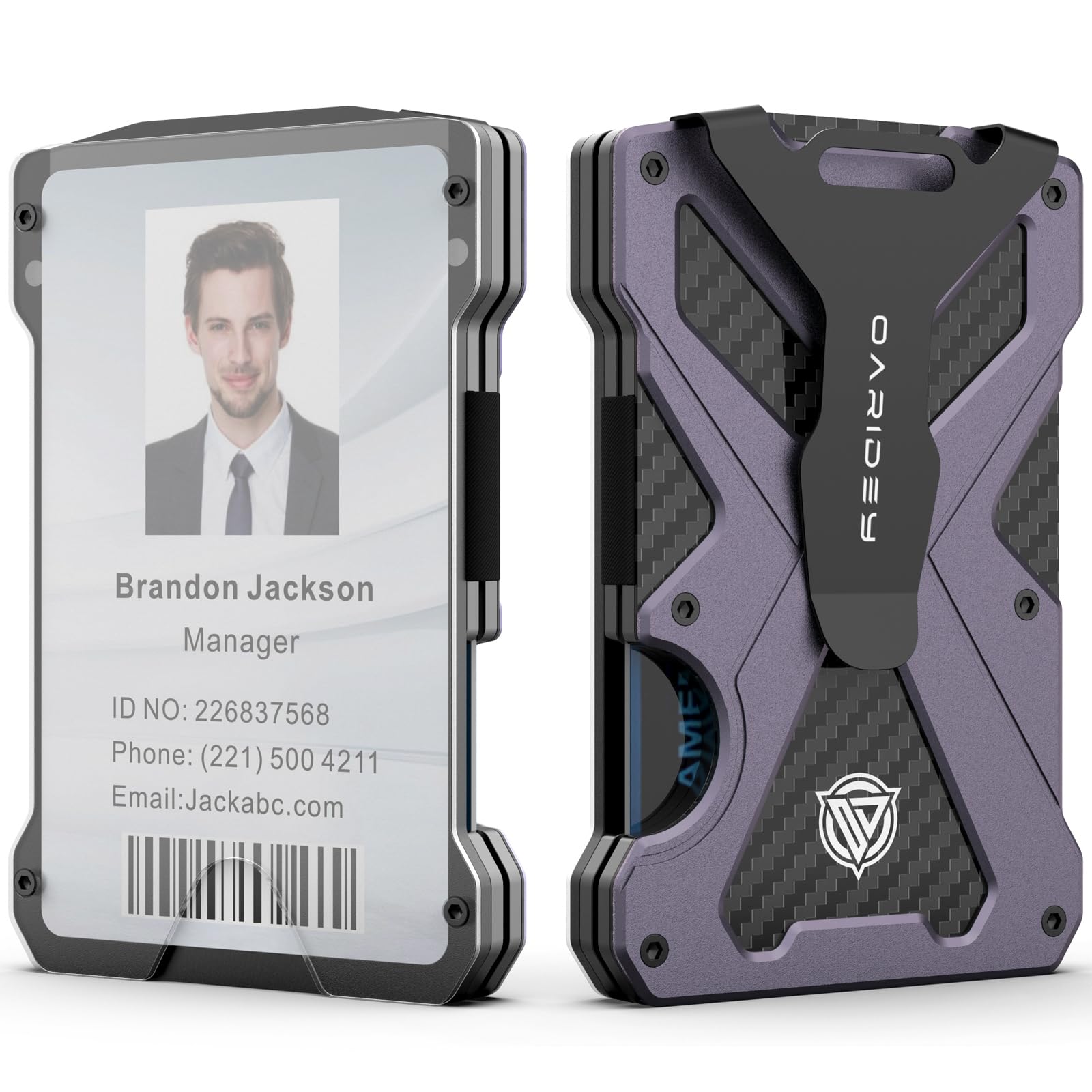 OarideyMinimalist Wallet for Men- Slim Aluminum Metal Money Clip Wallet with Clear ID Card Holder, Carbon Fiber Wallet, RFID Blocking,Holds up 15 Cards with Cash Clip,Ultra-Thin Tactical Wallet - Purple