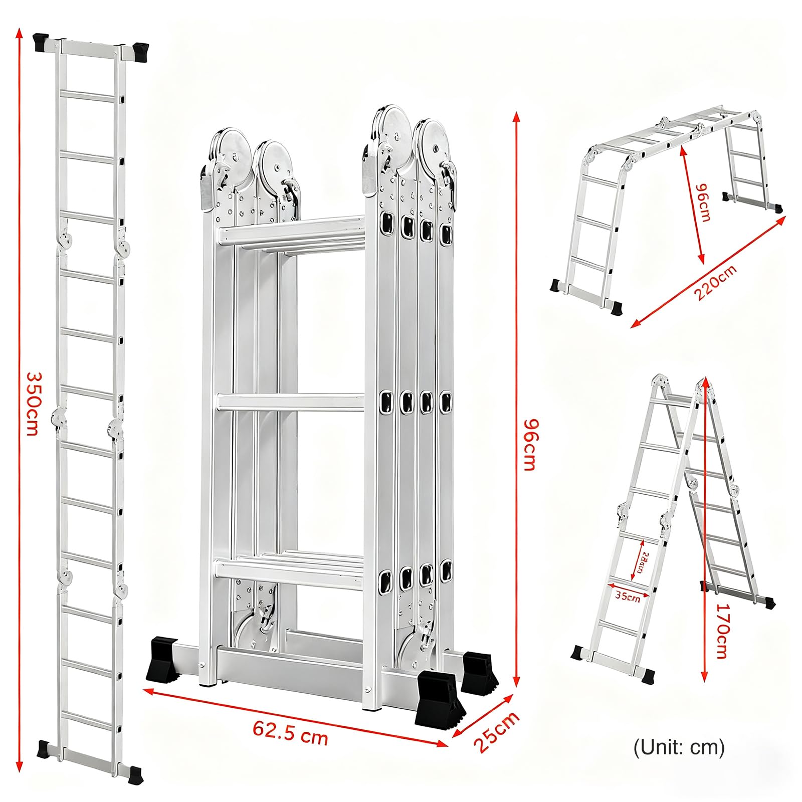 OUTIGO Escalera Multiusos 4x3, 7 en 1, 12 peldaños, Plegable, de Aluminio, con 2 Ruedas, para Uso doméstico, Carga máxima 150 kg
