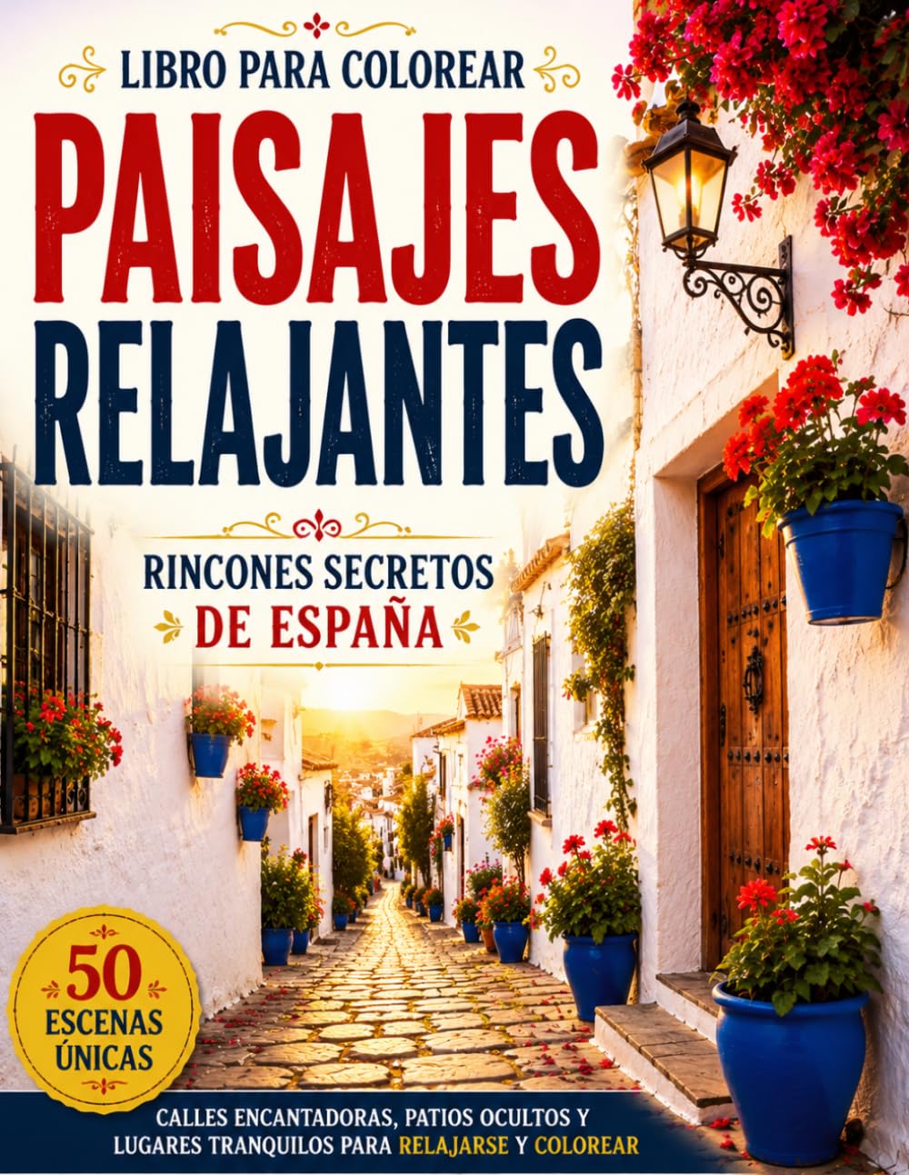 libro para colorear paisajes relajantes: Rincones Secretos de España 50 Escenas de Patios Andaluces, Calles Encantadoras, Jardines Ocultos y Pueblos Pintorescos para Relajarse