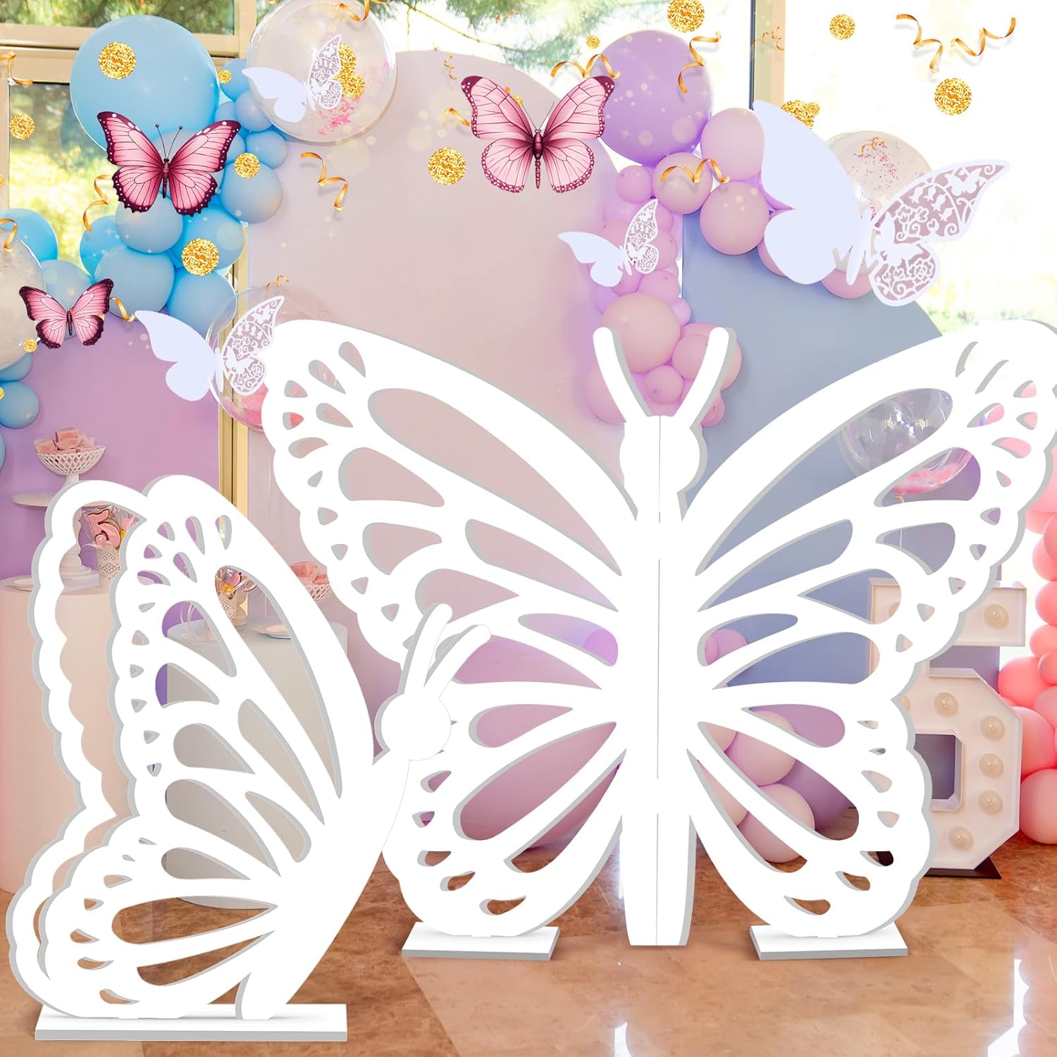 Yousoontic 2 Pcs Large Wooden Butterfly Props - Standing Wings Cutout Backdrop Decoration for Birthday, Baby Shower, Wedding Party (White,2.95 ft and 1.97 ft) 2.95 ft and 1.97 ft White