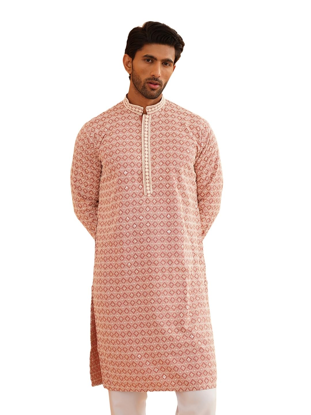 Sojanya (Since 1958 Men's Cotton Contrast Embroidered Sequinned Peach Long Kurta Size 36