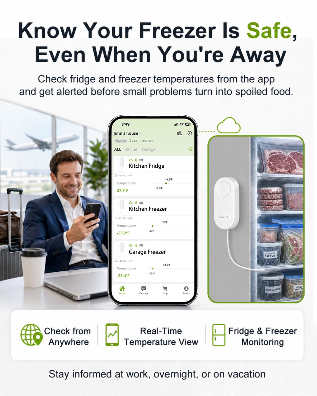 MOCREO ST5 WiFi Gefrierschrank Thermometer Alarm, E-Mail-Benachrichtigung, App-Benachrichtigung, Datenprotokollierung Export, Keine Abonnementgebühr, Ferntemperatursensor für Kühlschrank,