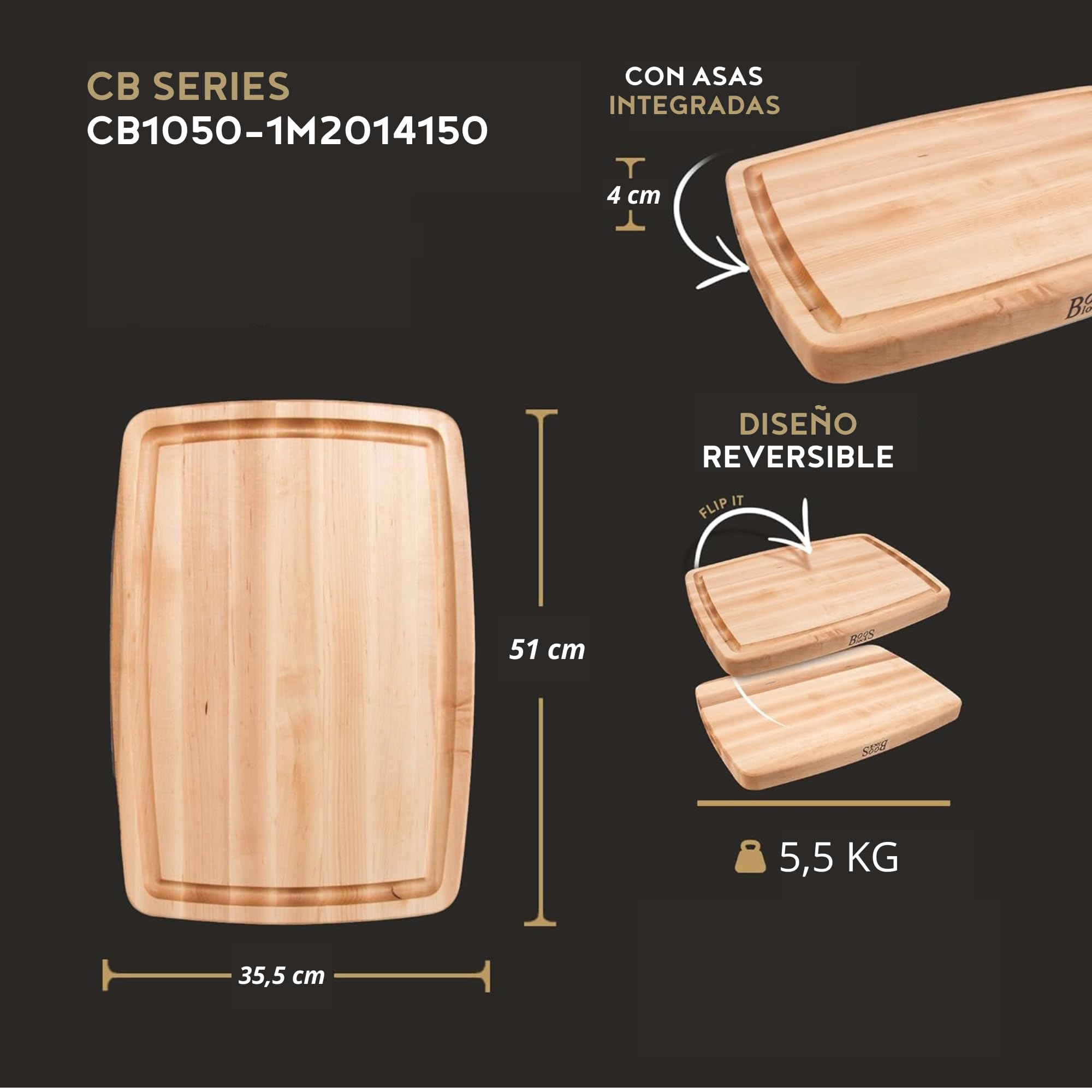 Boos Block Tabla de Cortar Ovalada - Ranura Para Jugo - 51 x 36 x 4 cm | Tabla Cortar Cocina Profesional - Reversible