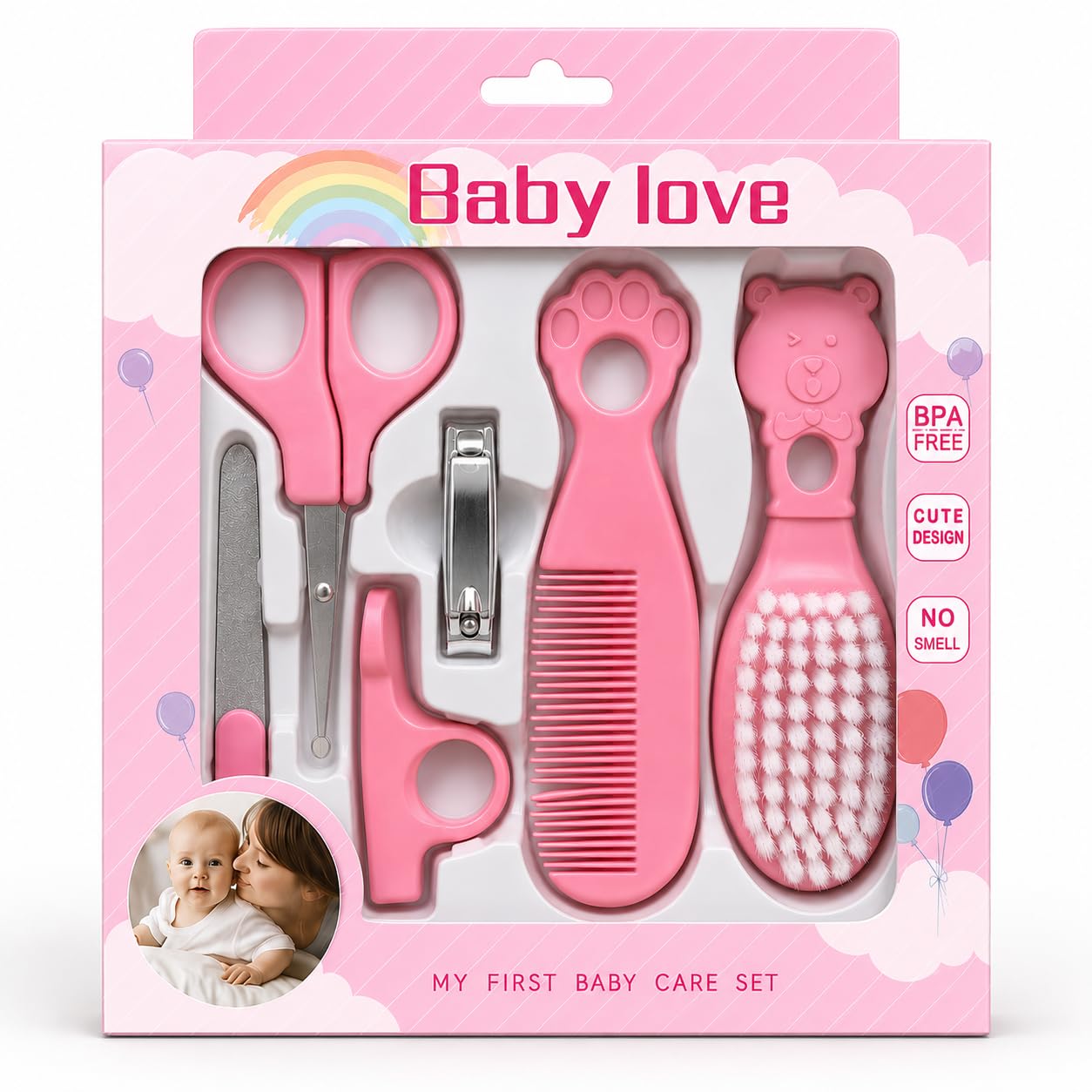 Baby Love 6-in-1 Baby Grooming Kit – Portable Newborn Baby Care Essentials Set for 0-36 Months with Soft Hair Brush, Comb, Safe Nail Clipper, Scissors & Nail File for Infants & Toddlers (Pink)-image-8
