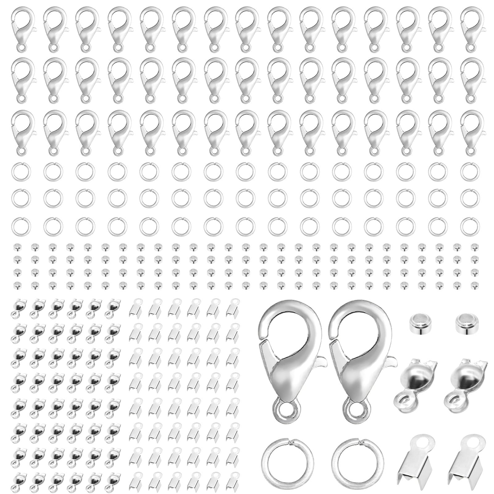 VEGCOO Kit 1340 Pezzi Per Creazione Gioielli: Moschettoni, Anelli, Perline E Fermagli In Argento - 4