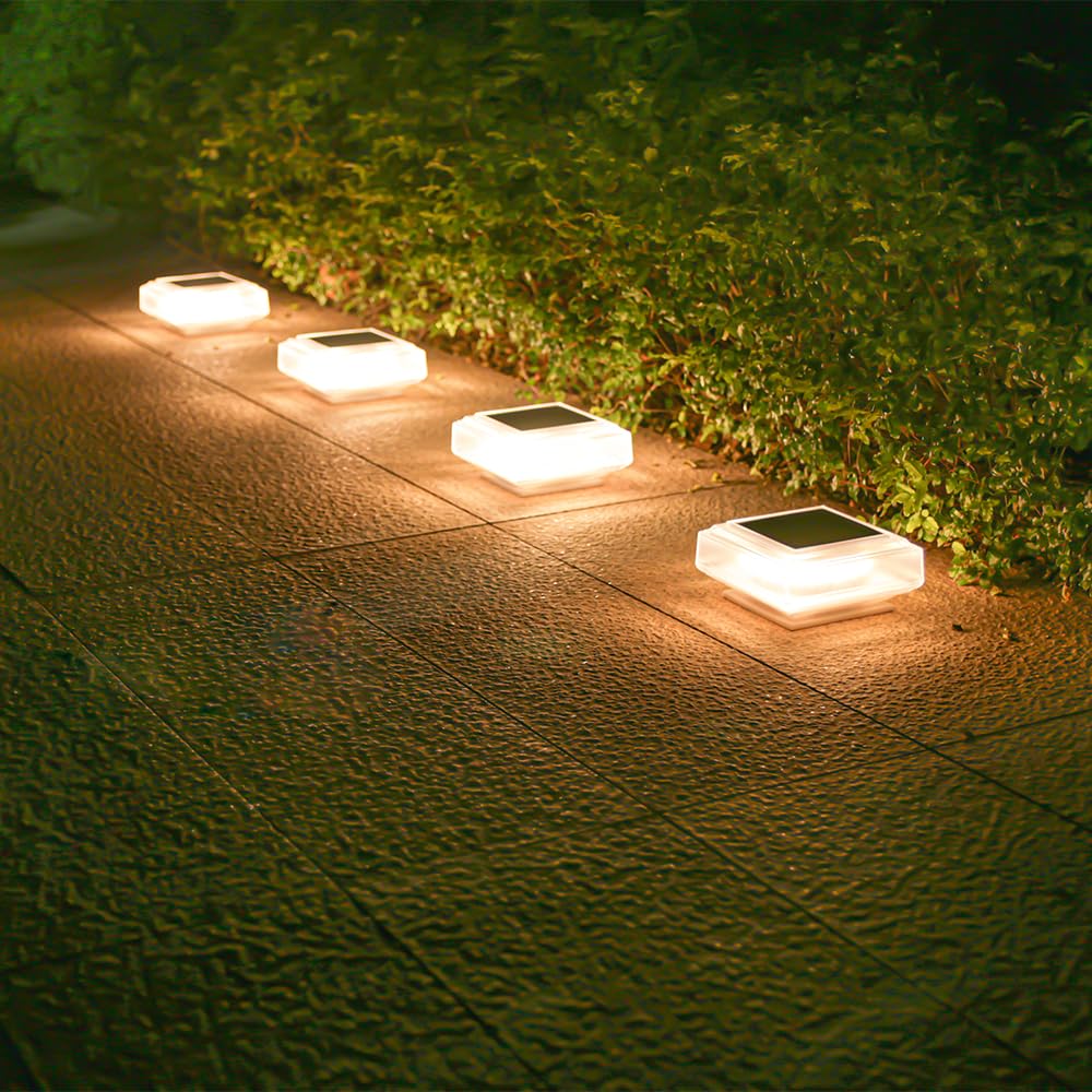Beosior White Solar Post Lights, Solar Garden Lights Fence Post Light, Auto On/Off Garden Post Cap Lamp Ip65 Waterproof For Wooden Posts, Park Squares, Courtyards, Fence(4 Packs)