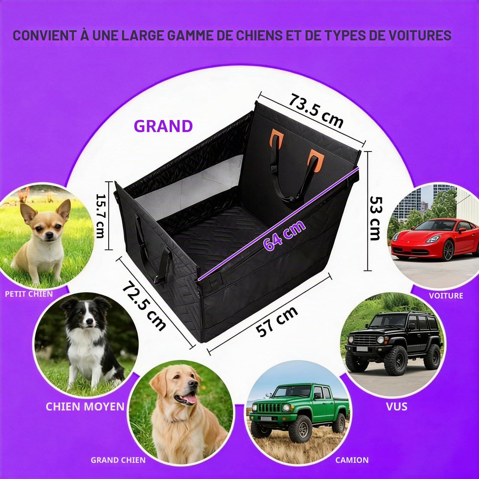 Siège Auto pour Chien Grand Format 73x53x53 cm – Panier Voiture Chien Sécurisé avec 4 Sangles – Pliable, Imperméable, Anti-Rayures – Convient Petits, Moyens et Grands Chiens Jusqu’à 50 kg