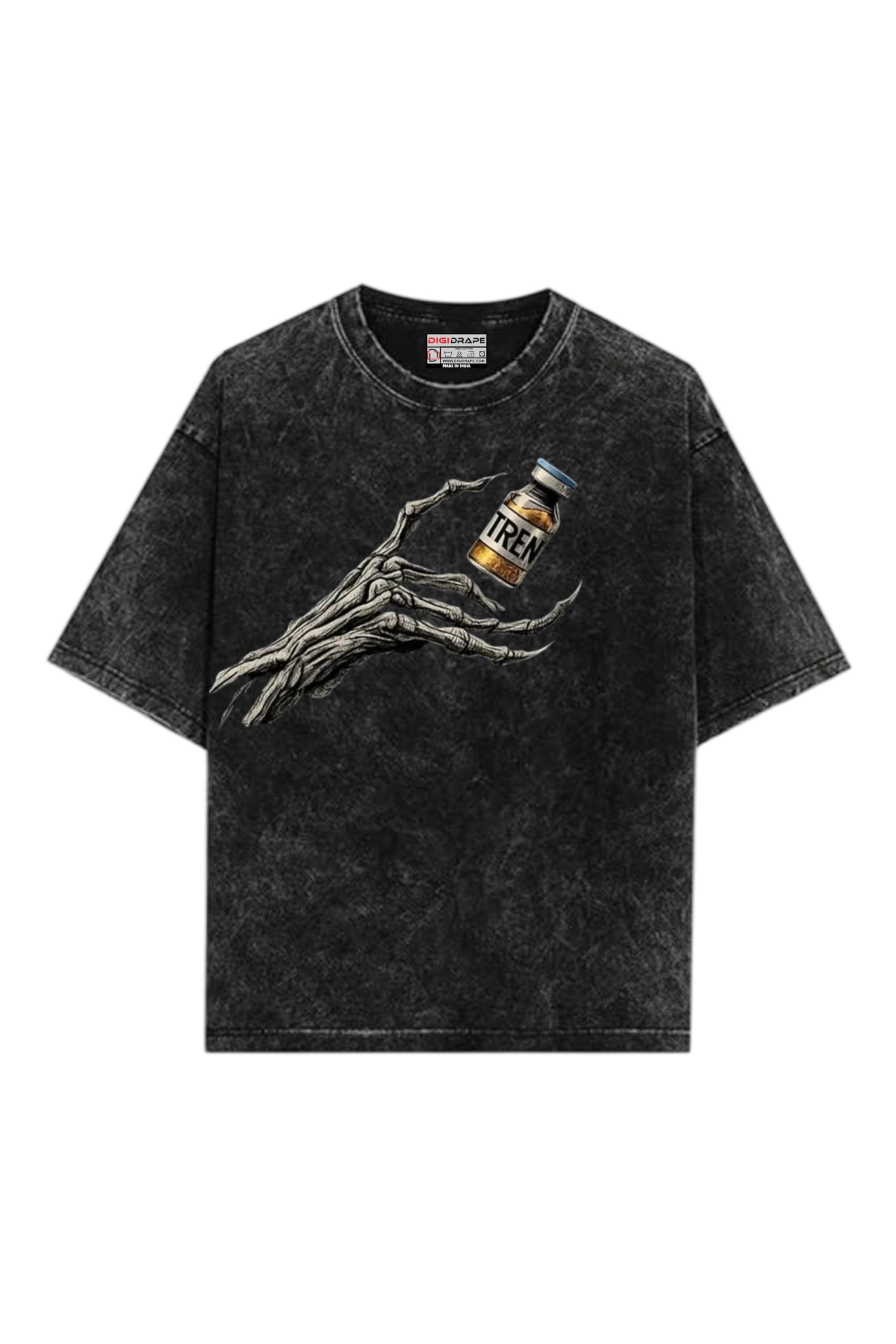 Skeleton Hand Tren Vial Graphic Oversized T-Shirt, Black, Acid Wash, Front and Back Print-image-2