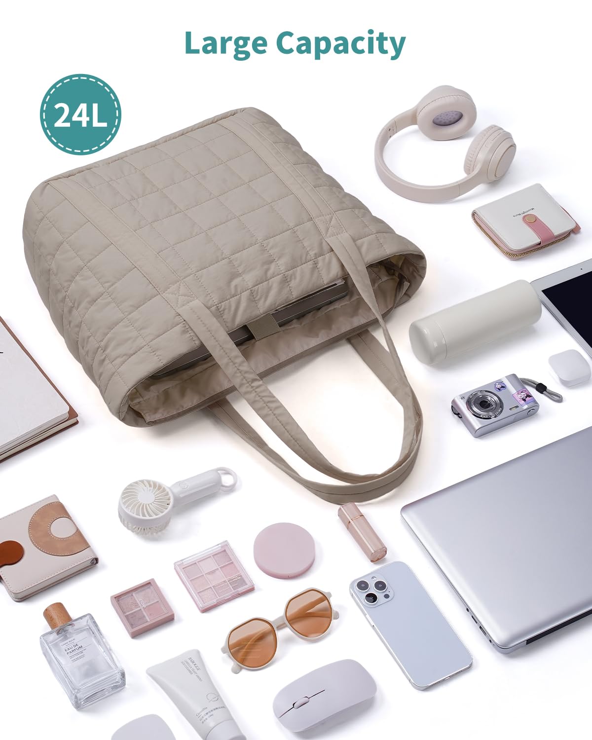 Narwey Tote Bags for Women, Puffer Quilted Work Tote Bag Women for Travel, Gym, Beach with Cup Holder & Laptop Compartment — view 9