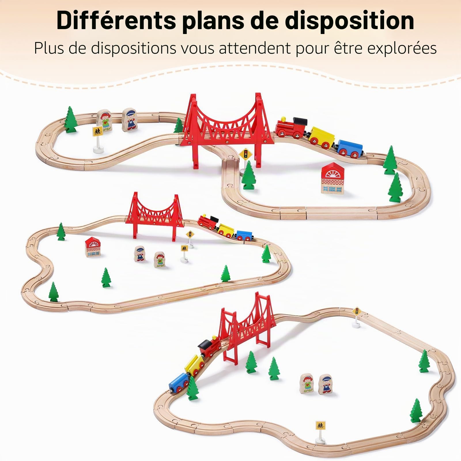 SainSmart Jr. Ensemble de Trains en Bois pour Tout-Petits – Rails en Bois Double Face pour Brio, Thomas, Melissa et Doug – Train Extensible et modifiable pour Enfants de 3, 4, 5 Ans