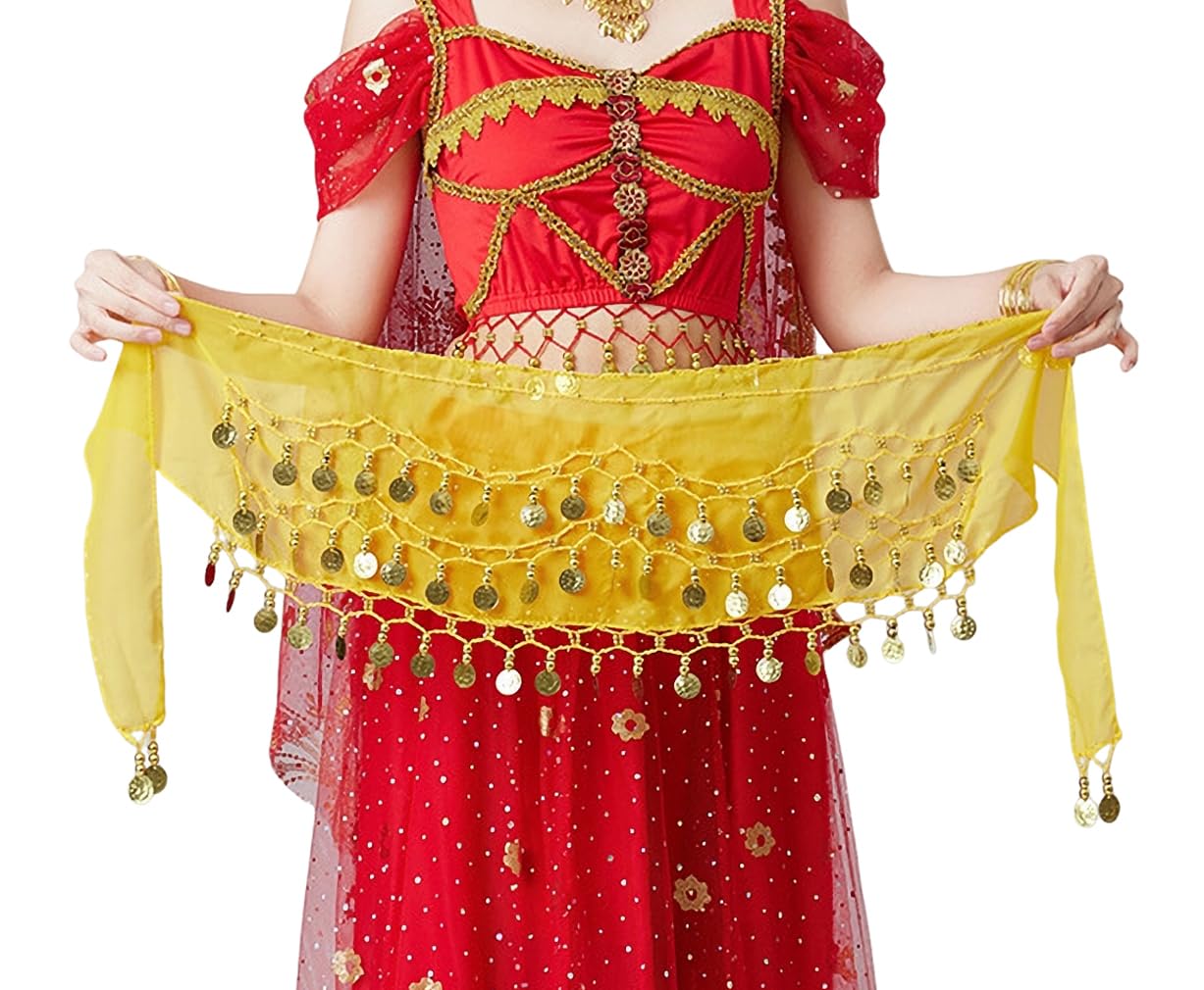 Morices Belly Dance Hip Scarf, Belly Dancing Skirt Hip Scarves with 98 Dangling Gold Coins for Festival Performance Costume Belly Dance Yoga Class
