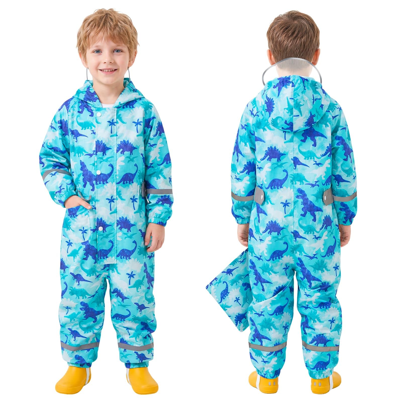 Imperméable à Capuche Enfant Fille Garçon Combinaison de Pluie Respirant Léger Vestes avec Bandes Réfléchissante Licorne Dinosaure Motif Imperméables École Vêtements de Pluie Unisexe 1-9 Ans