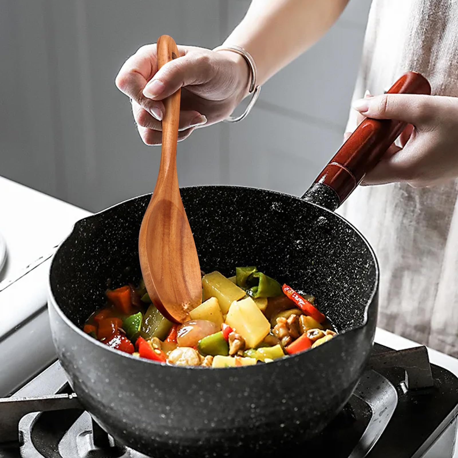 Küchenutensilien-Set aus Holz, 5-teilig, Teakholz, kratzfeste und ungiftige Kochutensilien mit Pfannenwender, Schlitzspatel, abgewinkeltem Spatel, Servierlöffel, Salatlöffel