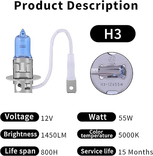 Miniatura 3 de Bombilla halógena H3 para faros delanteros con luz súper blanca de larga duración PK22S de 12 V55 W (paquete de 2)