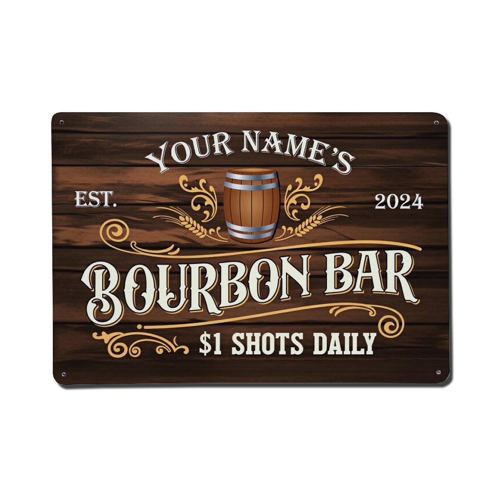 Wooden Style Barrel Bourbon Bar Sign Tin Sign Vintage Metal Poster, Home Bar Garage Man Cave Cafe Indoor & Outdoor Wall Decoration 8x12Inches