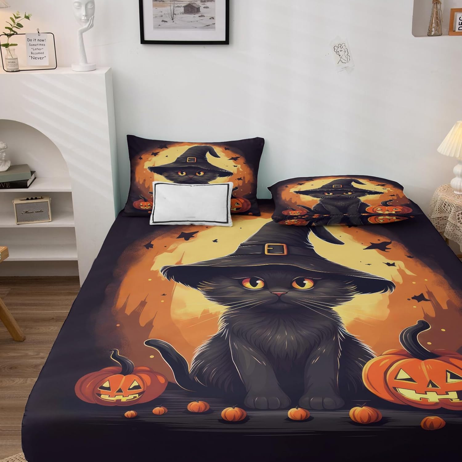 Halloween Decor - Halloween Sheets Queen Size - Black Cat Spooky Pumpkin Bed Sheets, Soft Microfiber & Deep Pocket & Wrinkle Free Bedding Sheets & Pillowcases