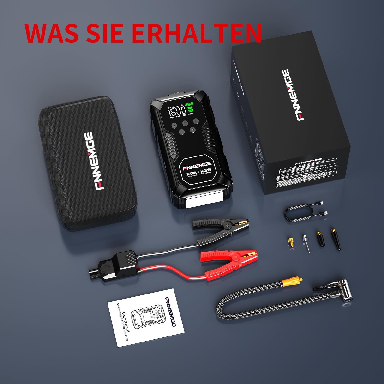 FNNEMGE Starthilfe Powerbank 26800mAh 9000A Spitzenleistung, mit 160PSI Kompressor, 12V(Alle Benzin und 12,0L Diesel) Auto Upgrade Booster, mit USB-Ladeausgang, LED-Leuchten, LCD Bildschirm.