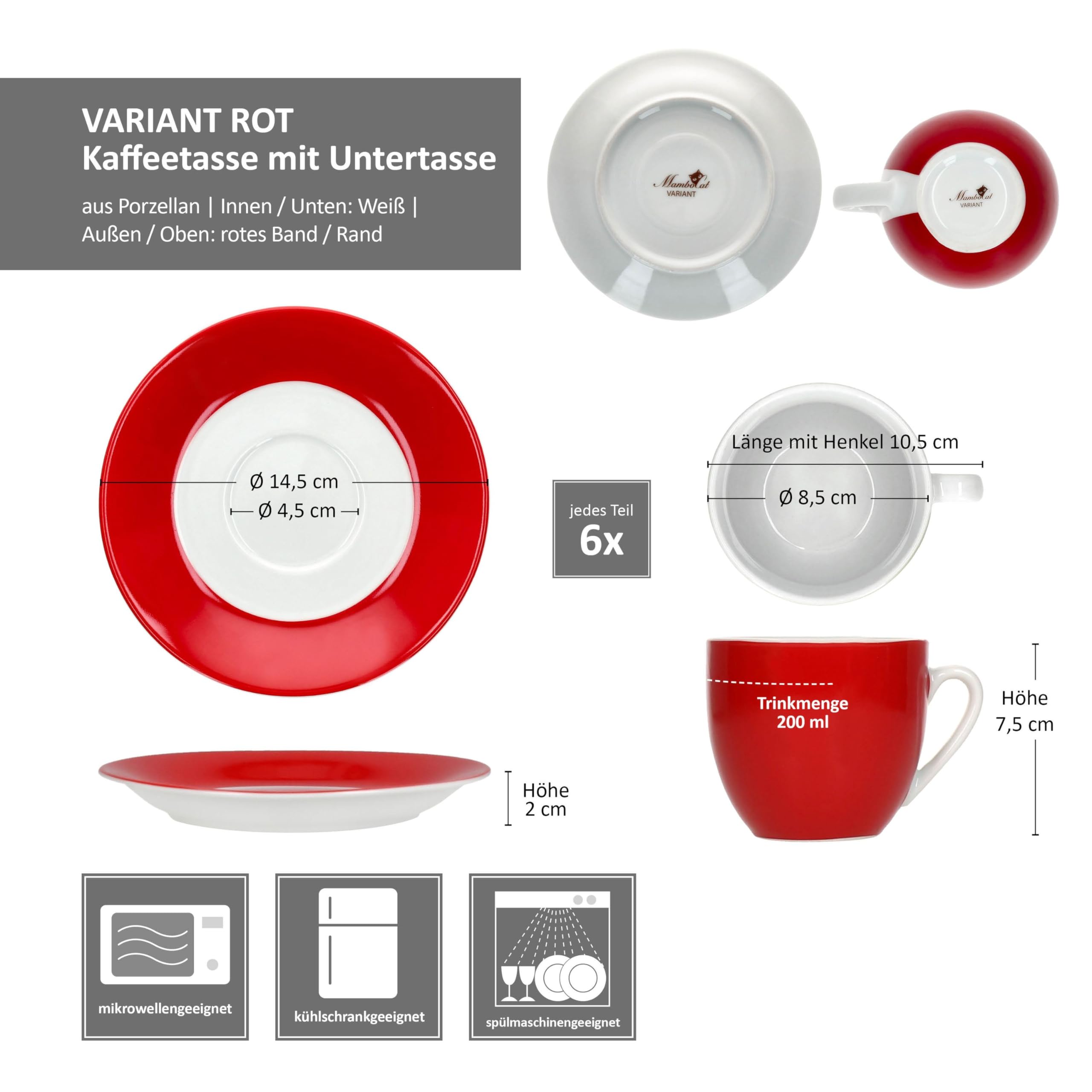 MamboCat Variant Lot de 6 tasses à café rouges avec soucoupes pour 6 personnes I Service en porcelaine colorée pour le petit déjeuner et le café I 6 tasses à thé de 200 ml et soucoupes I Vaisselle