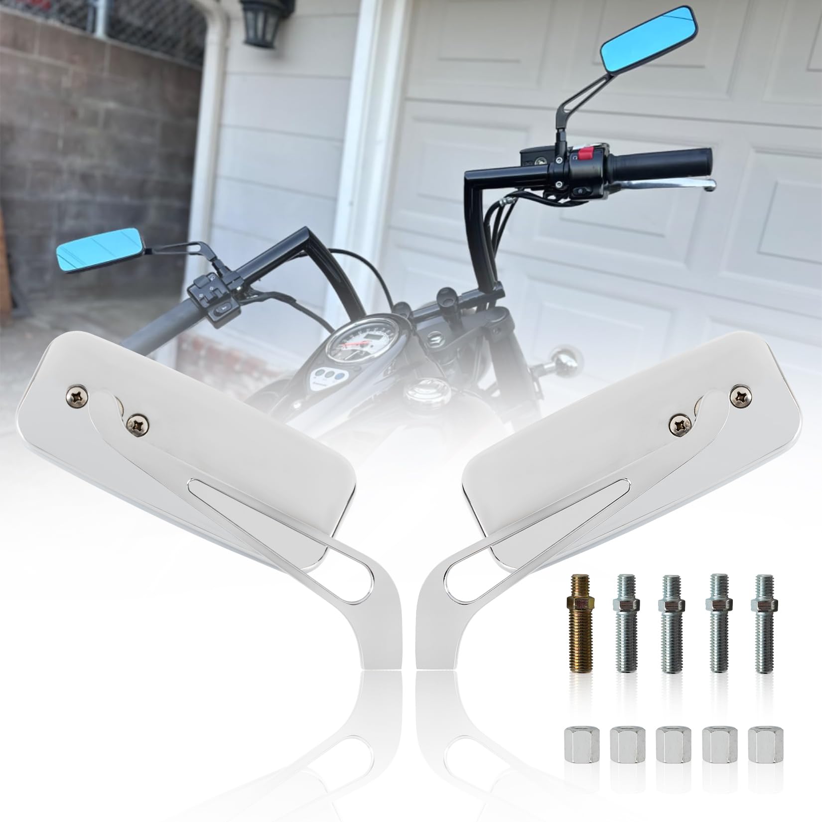 PSLER Specchietti Retrovisori Laterali Rettangolari per Moto - 8mm/10mm Adatti per Road Glide Street Glide Sportster 48 883 120 Chopper Softail Bobber Cruiser (Argento)
