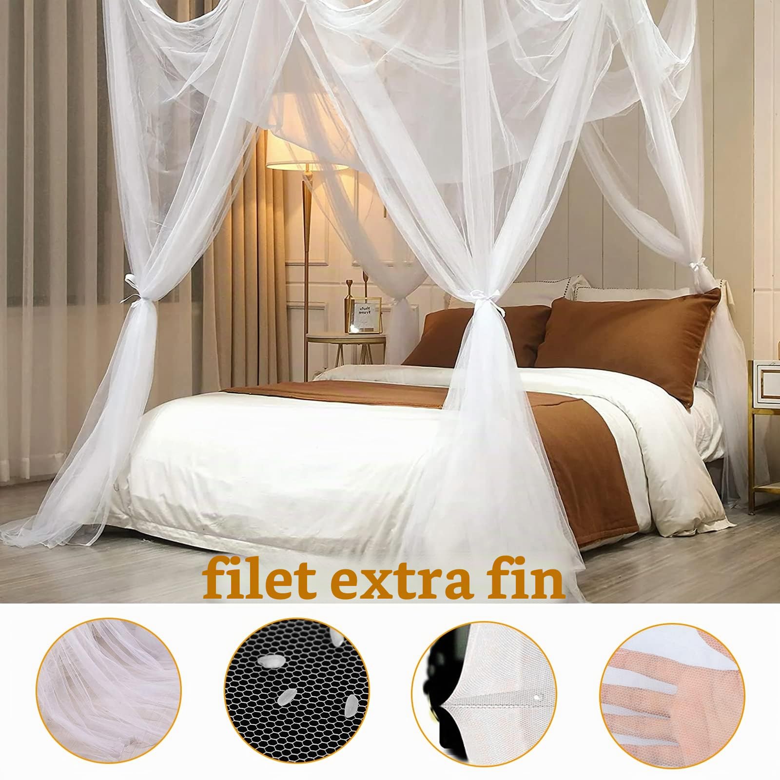 Opamoo Moustiquaire de Lit à Quatre Portes - Grand Baldaquin pour Soler Efficacement Les Moustiques - Pour Lit Double et Simple (190 x 240 x 210 cm)