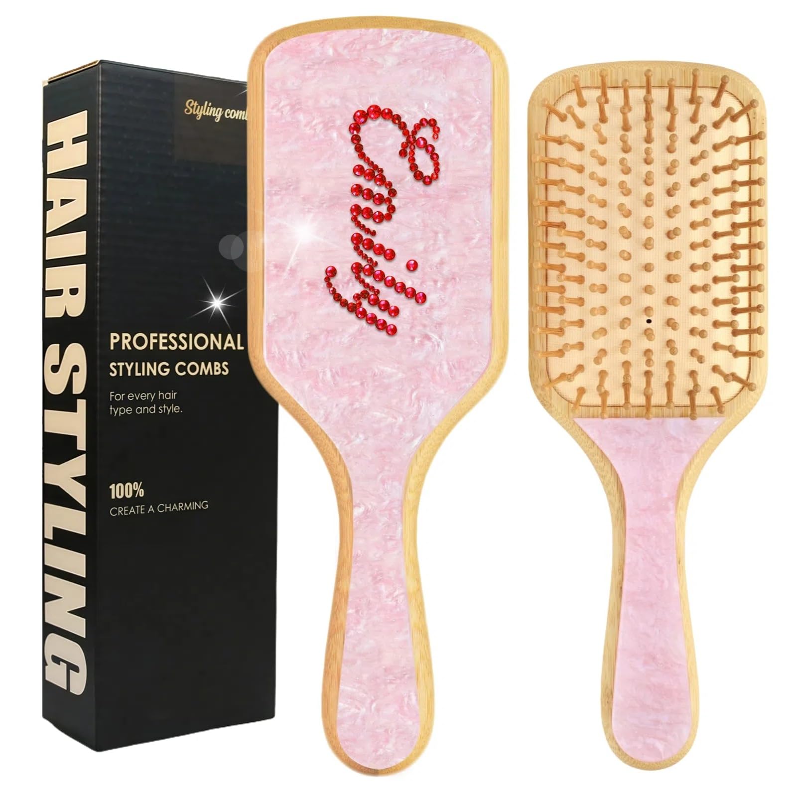 Personalized Rhinestone Hair Brush for Women & Girls - Custom Name Wooden Paddle Brush Natural Bamboo Boar Bristle Handmade Gifts (Pink Sugar）