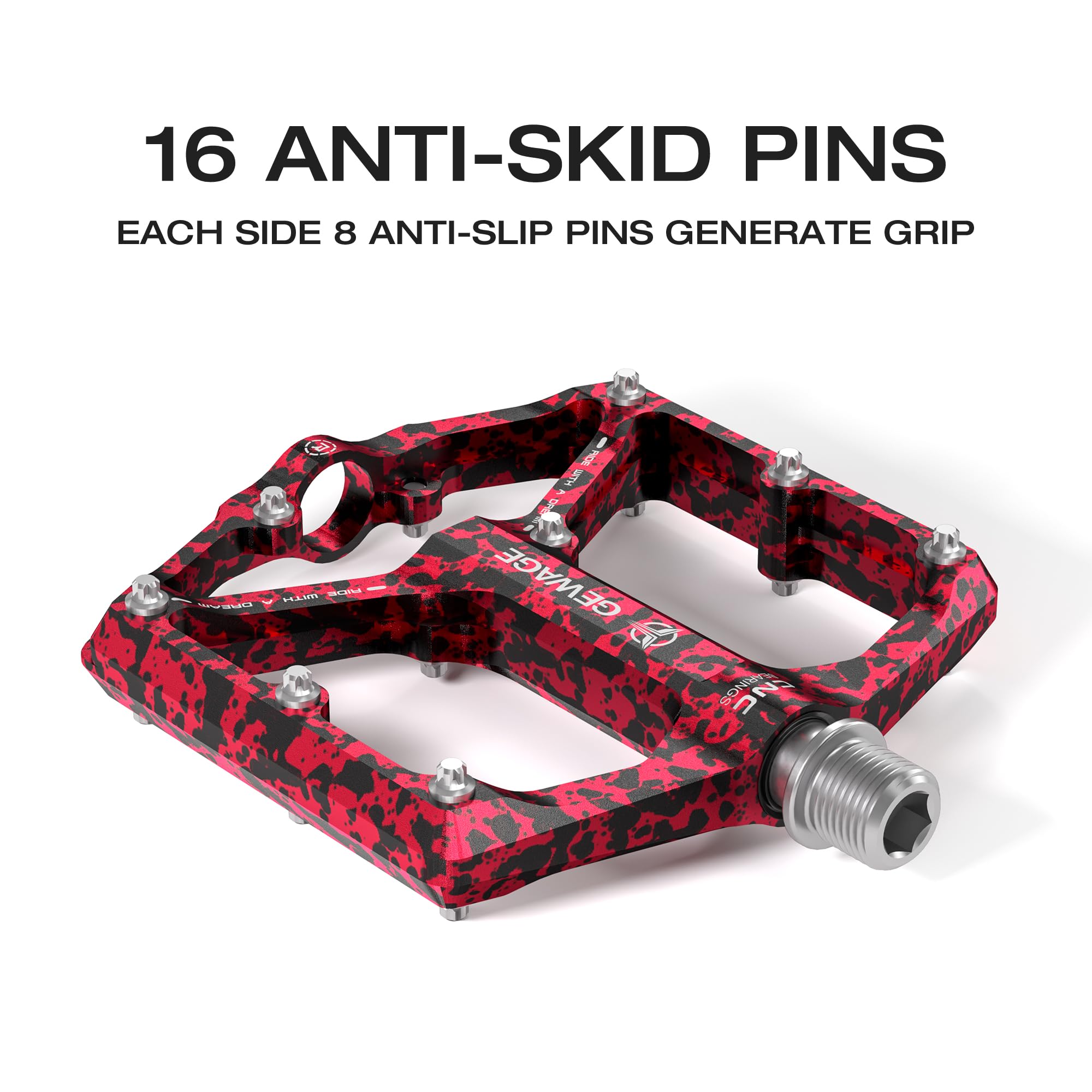 Road/Mountain Bike Pedals - 3 Bearings Bicycle Pedals - 9/16” CNC Machined Flat Pedals with Removable Anti-Skid Nails (Camouflage-Red) - Image 2