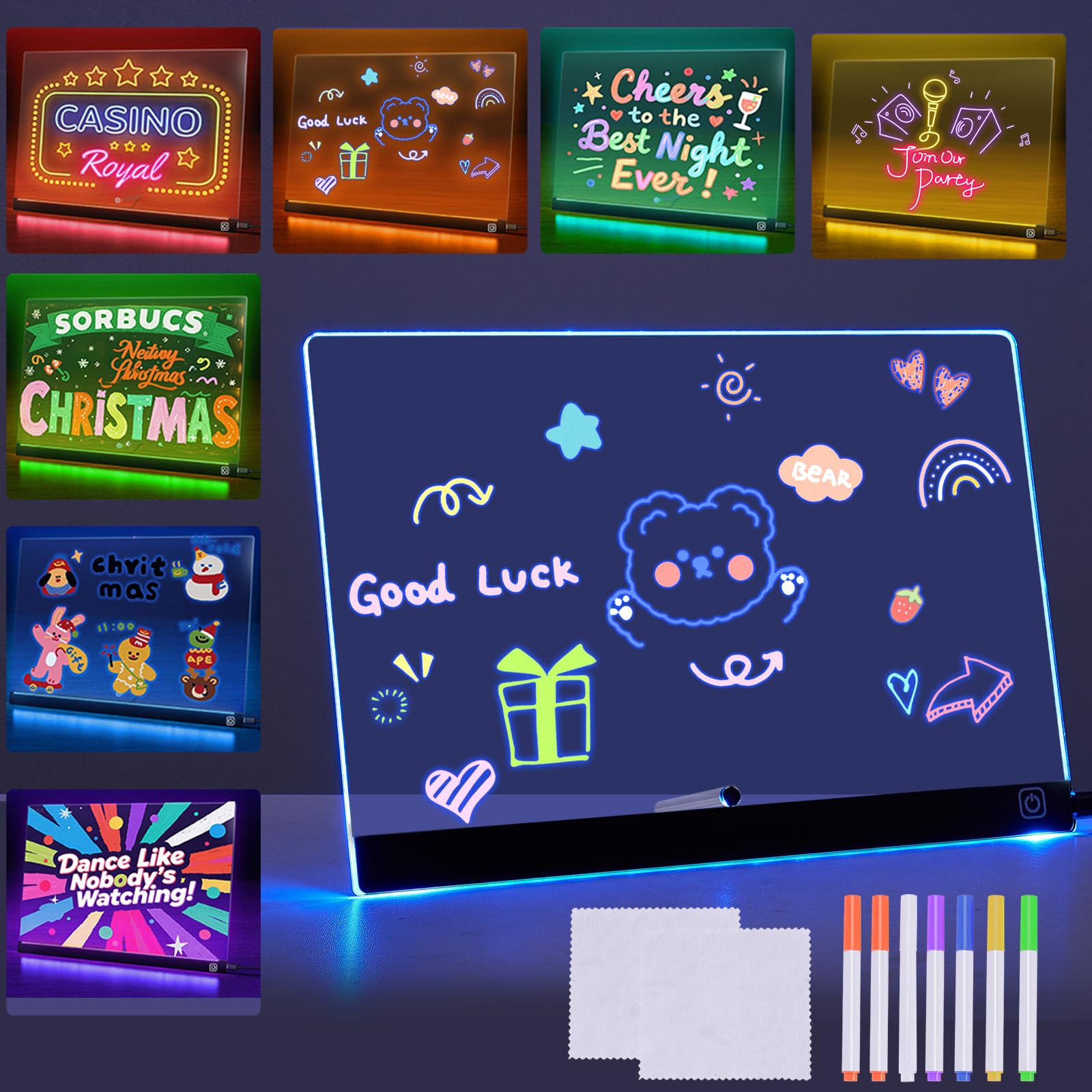 Tismels Lavagnetta in Acrilico con Luci LED 30x20cm, Lavagna Promemoria LED Con 7 Colori penna e supporto, per Ufficio Scuola Casa Caffè