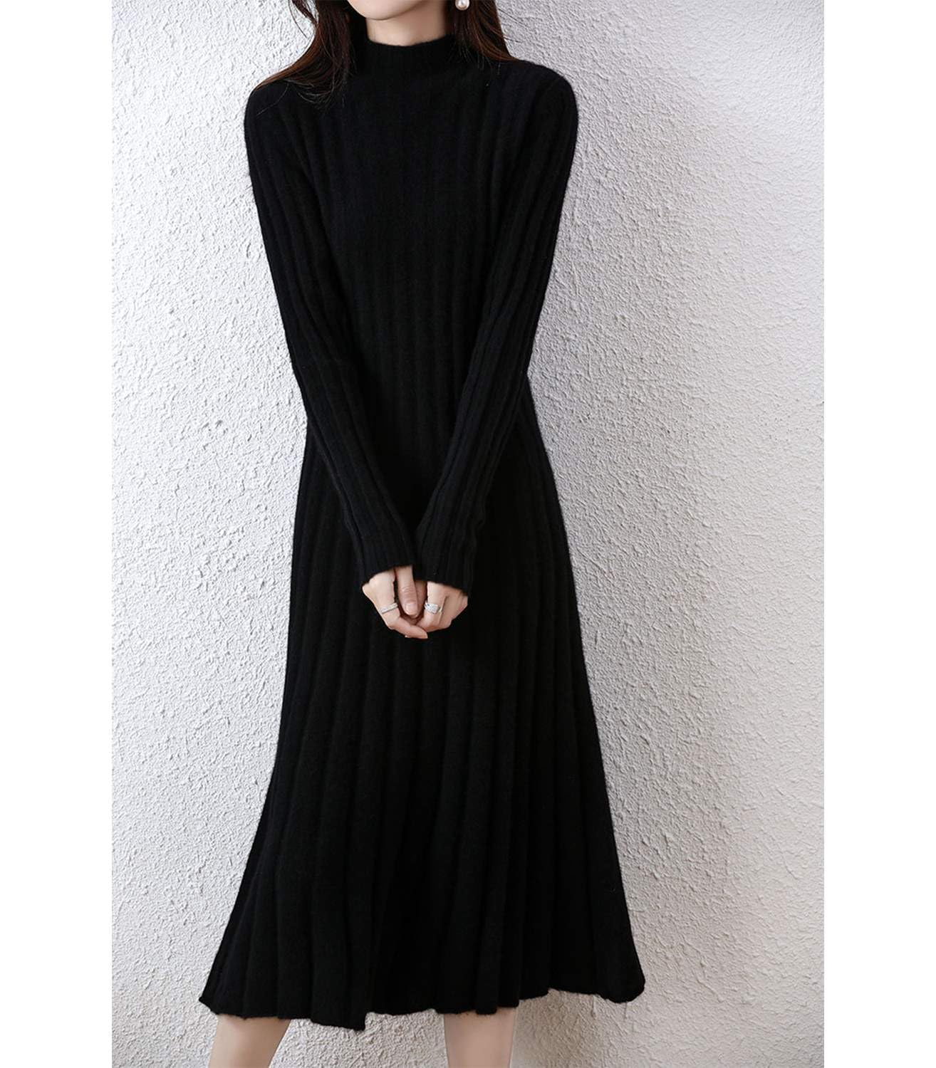 100% lana maglione vestito donna collo alto Pit strisce slim scollo a V manica lunga Pullover A-line abito lavorato a maglia