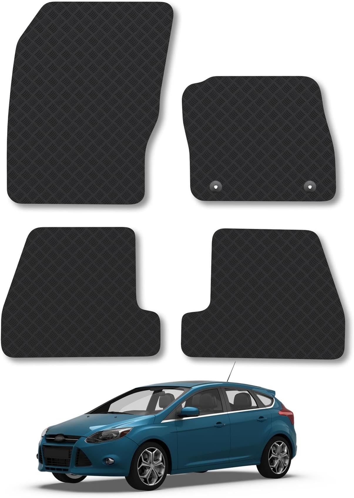 Ford Focus (2011-2014) [MK3] Rubber Car Mats Accessories Tailored Fit Compatible Accessory Waterproof Protection Non-Slip Floor Mats Full Coverage Durable Front Rear Set Coverage with Clips